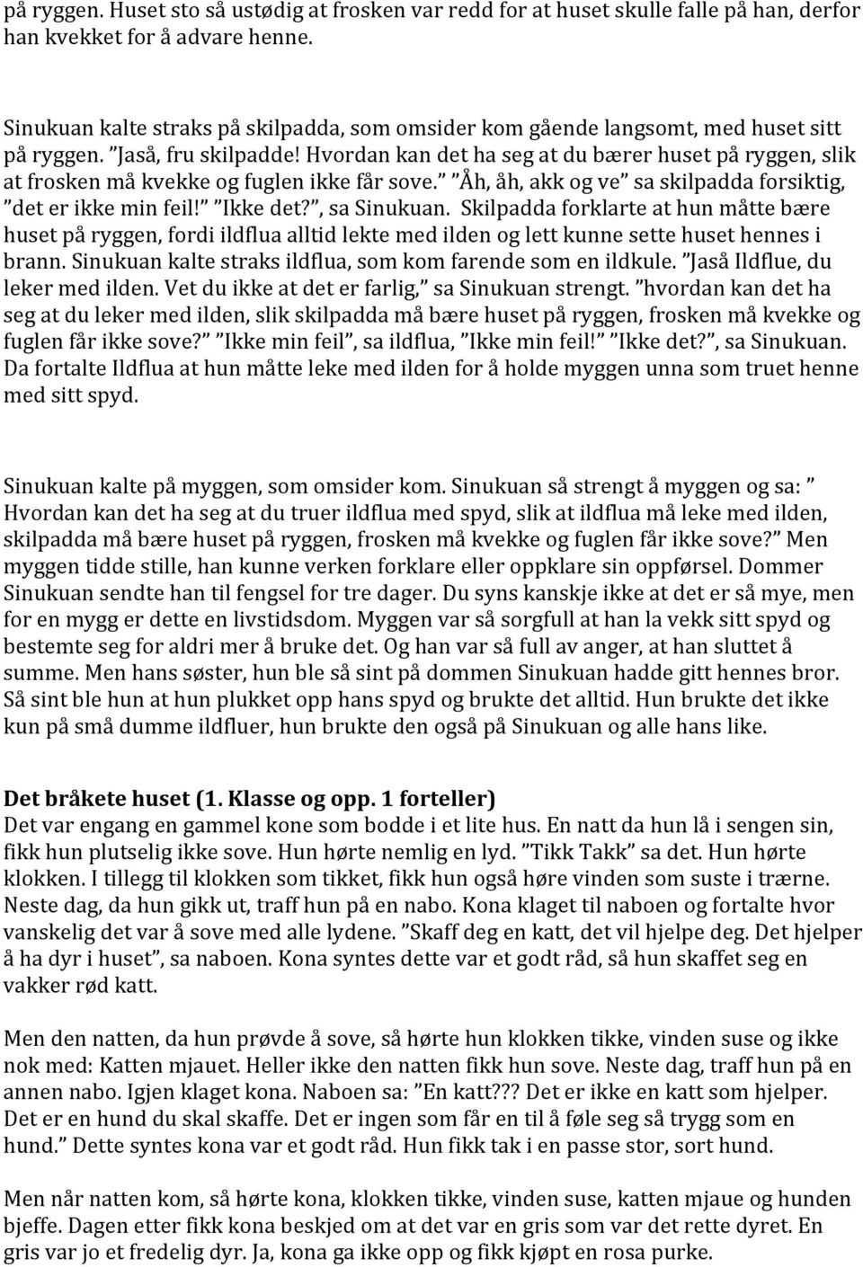 Hvordan kan det ha seg at du bærer huset på ryggen, slik at frosken må kvekke og fuglen ikke får sove. Åh, åh, akk og ve sa skilpadda forsiktig, det er ikke min feil! Ikke det?, sa Sinukuan.