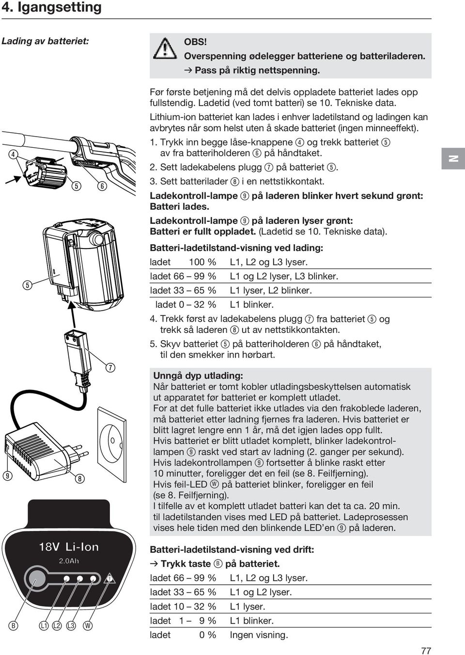 4 5 6 Lithium-ion batteriet kan lades i enhver ladetilstand og ladingen kan avbrytes når som helst uten å skade batteriet (ingen minneeffekt). 1.