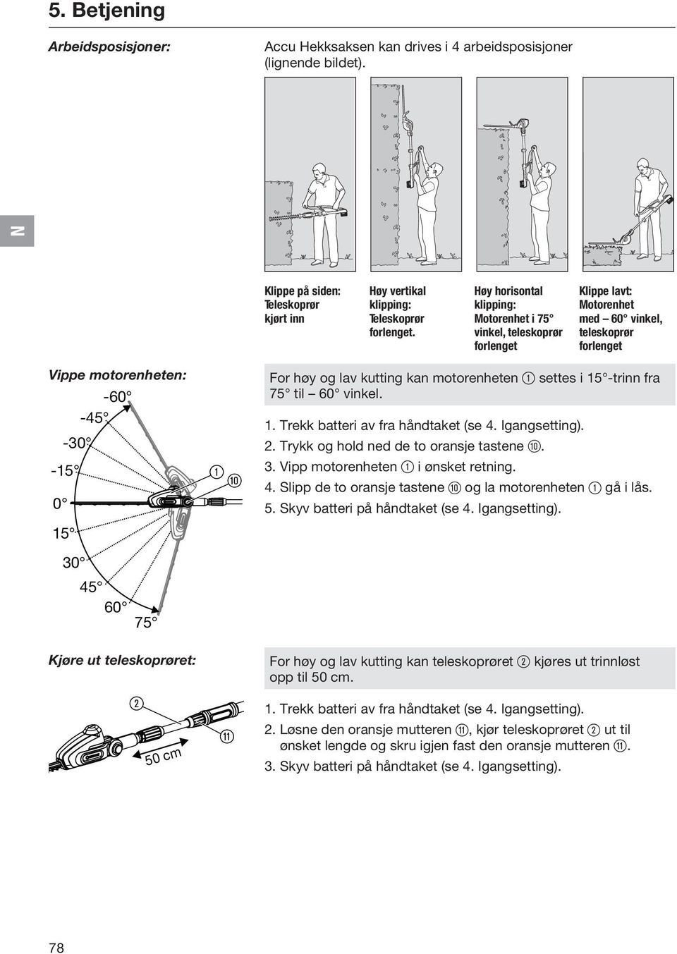 lav kutting kan motorenheten 1 settes i 15 -trinn fra 75 til 60 vinkel. 1. Trekk batteri av fra håndtaket (se 4. Igangsetting). 2. Trykk og hold ned de to oransje tastene 0. 3.