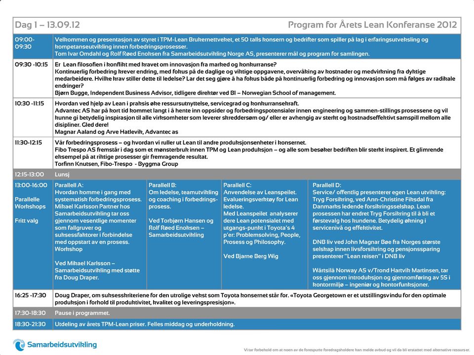 kompetanseutvikling innen forbedringsprosesser. Tom Ivar Omdahl og Rolf Røed Enoksen fra Norge AS, presenterer mål og program for samlingen.