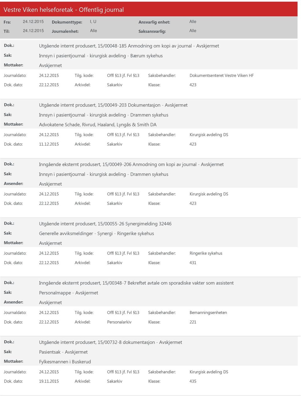 2015 Arkivdel: Sakarkiv Inngående eksternt produsert, 15/00049-206 Anmodning om kopi av journal - Innsyn i pasientjournal - kirurgisk avdeling - Drammen sykehus Kirurgisk avdeling DS tgående internt