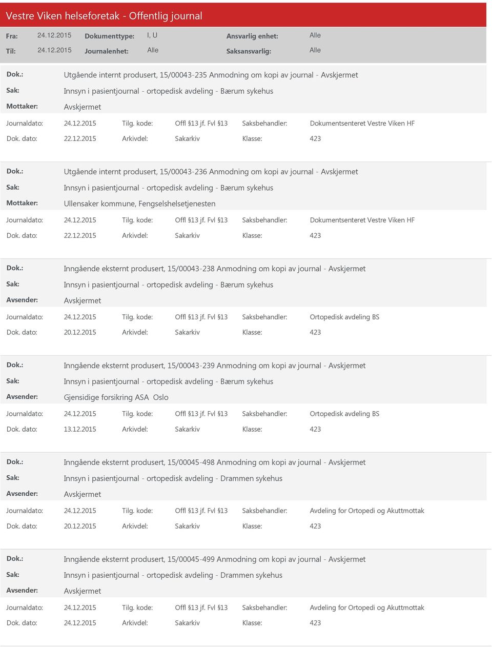 produsert, 15/00043-238 Anmodning om kopi av journal - Innsyn i pasientjournal - ortopedisk avdeling - Bærum sykehus Ortopedisk avdeling BS Dok. dato: 20.12.