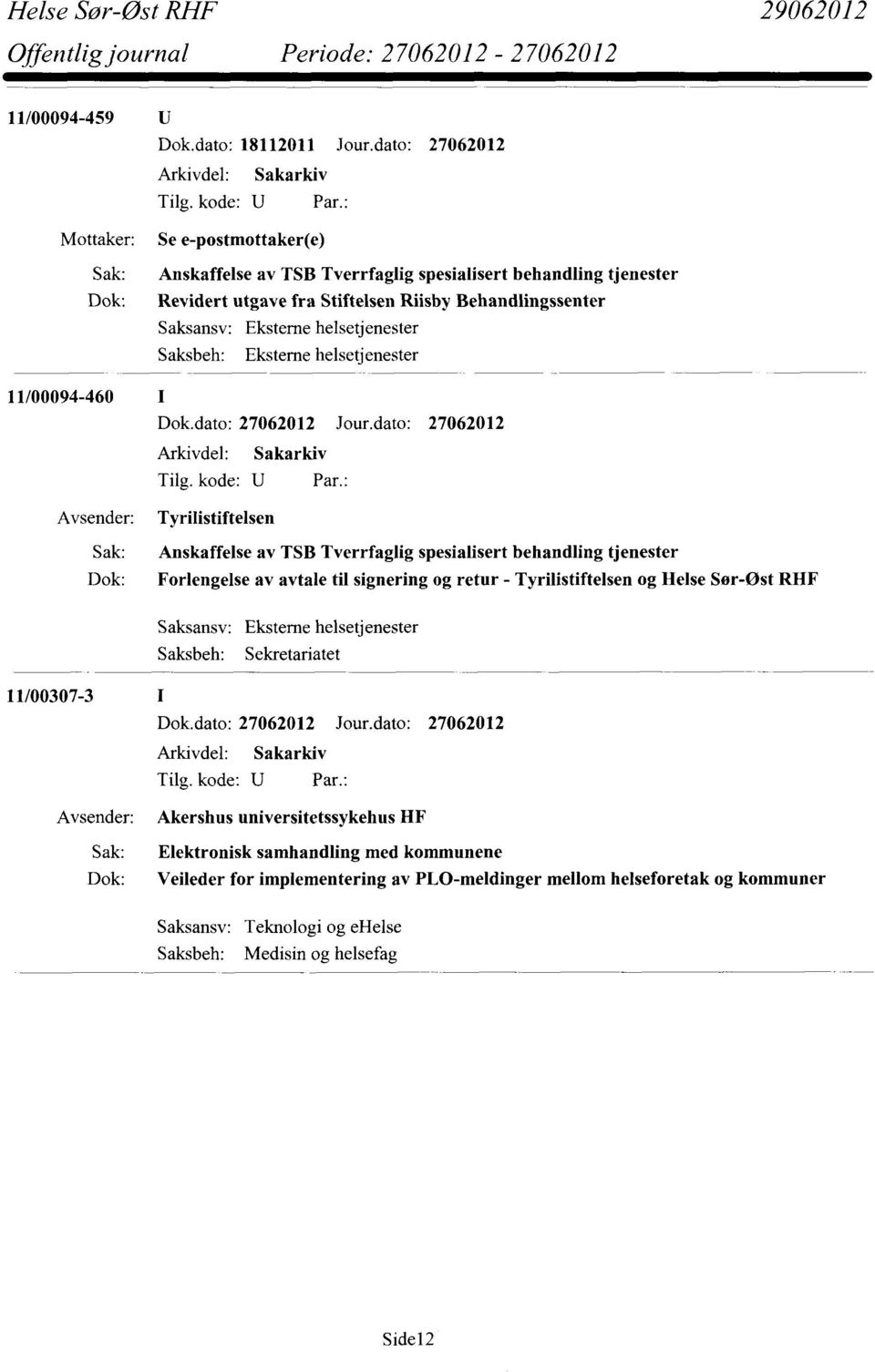 helsetjenester Saksbeh: Eksterne helsetjenester 11/00094-460 I Tyrilistiftelsen Sak: Anskaffelse av TSB Tverrfaglig spesialisert behandling tjenester Dok: Forlengelse av avtale til signering og retur