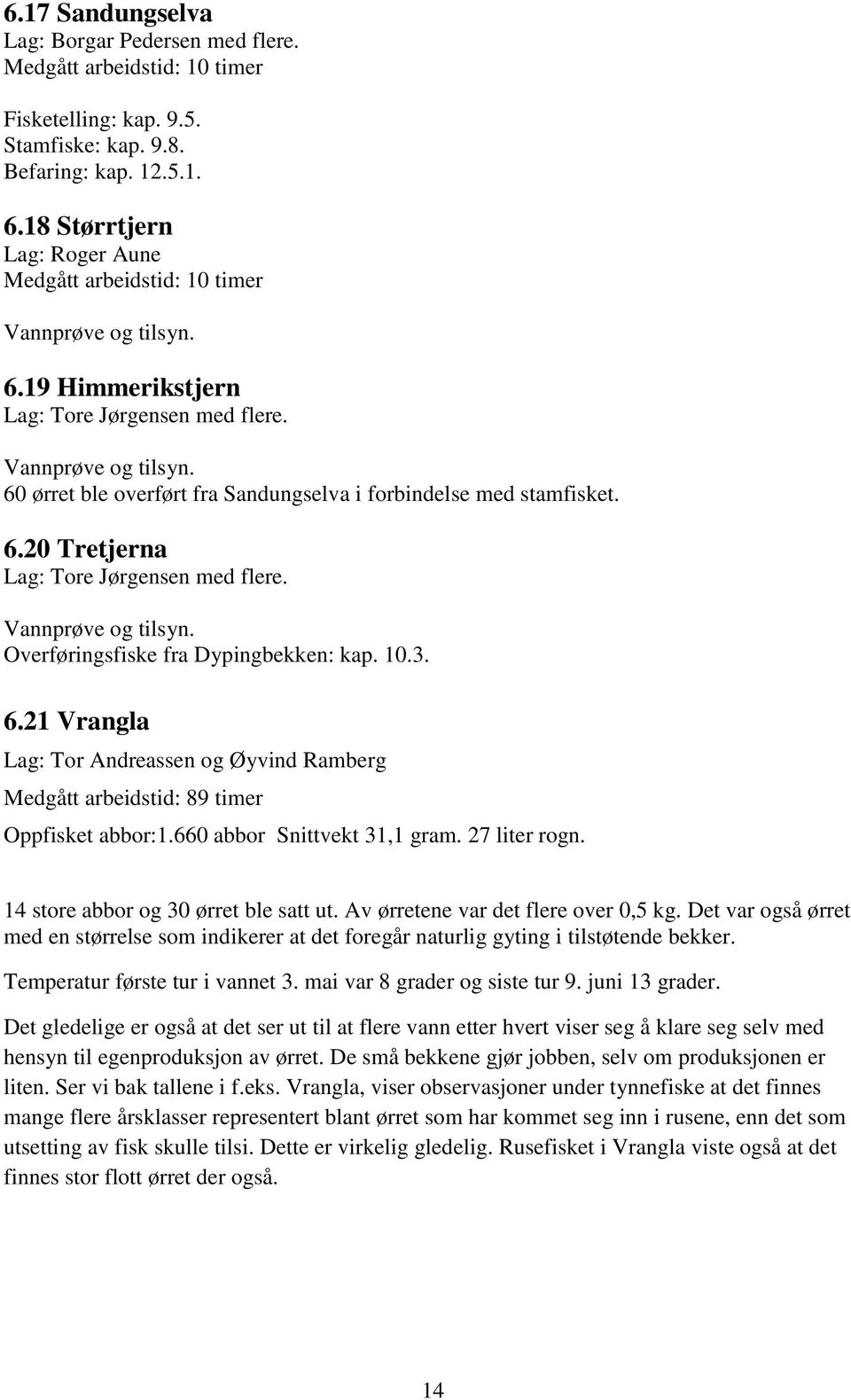 6.20 Tretjerna Lag: Tore Jørgensen med flere. Vannprøve og tilsyn. Overføringsfiske fra Dypingbekken: kap. 10.3. 6.