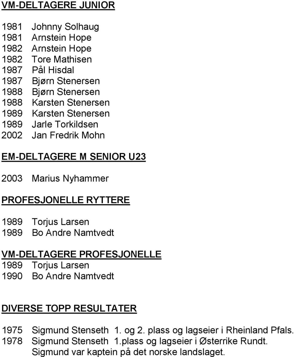 RYTTERE 1989 Torjus Larsen 1989 Bo Andre amtvedt VM-ELTAGERE PROFEJOELLE 1989 Torjus Larsen 1990 Bo Andre amtvedt IVERE TOPP REULTATER 1975 igmund