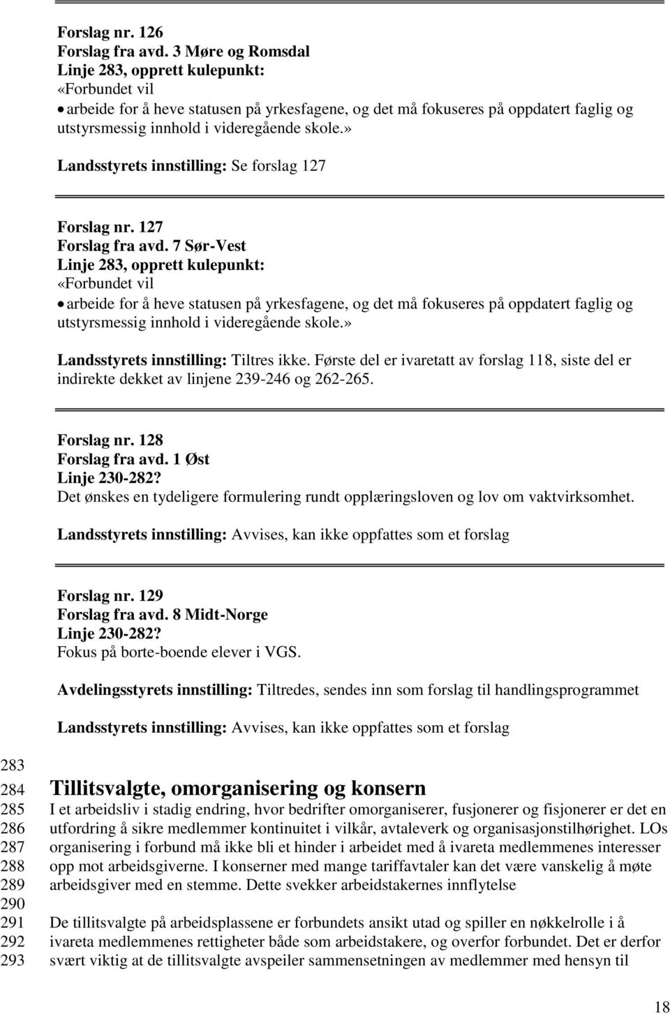 127 Linje 283, opprett kulepunkt: «Forbundet vil arbeide for å heve statusen på yrkesfagene, og det må fokuseres på oppdatert faglig og utstyrsmessig innhold i videregående skole.