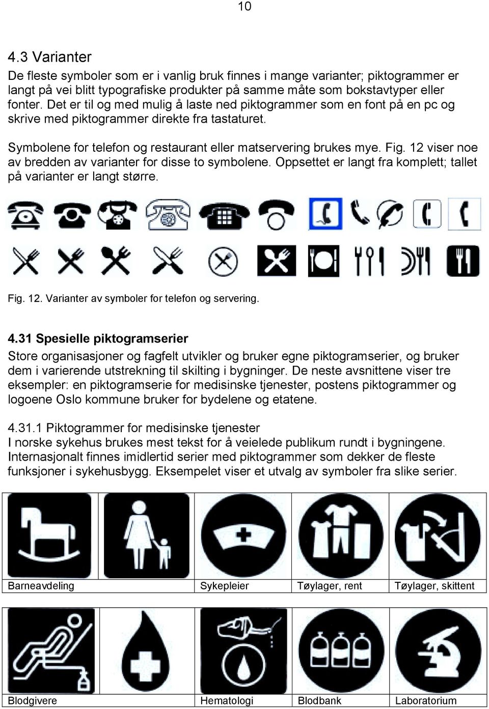 12 viser noe av bredden av varianter for disse to symbolene. Oppsettet er langt fra komplett; tallet på varianter er langt større. Fig. 12. Varianter av symboler for telefon og servering. 4.