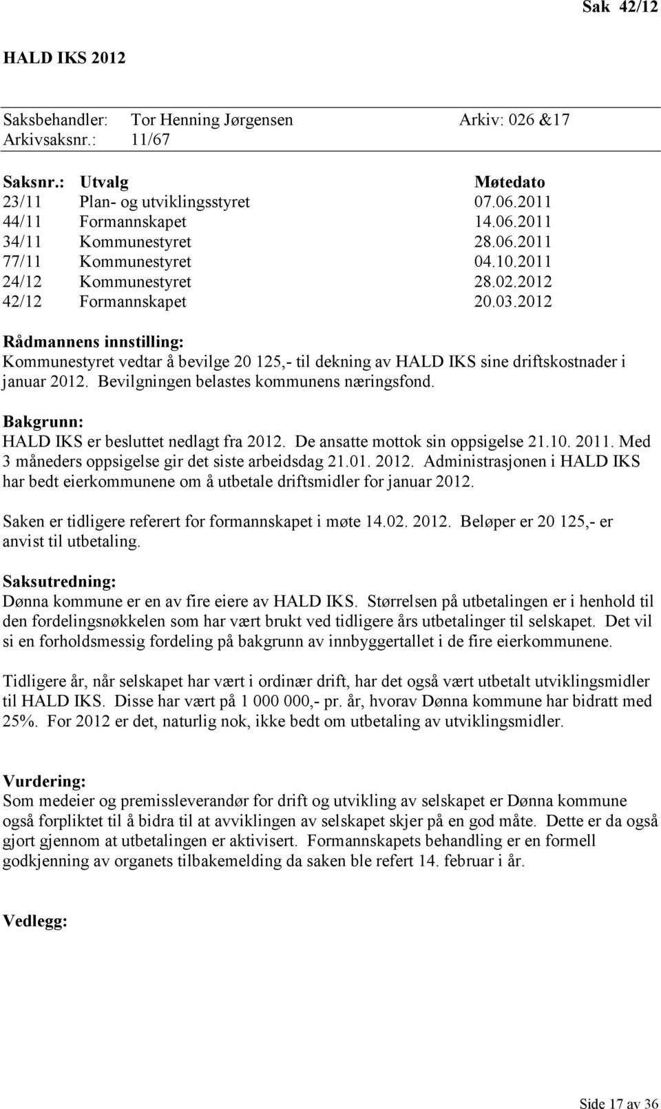 2012 Rådmannens innstilling: Kommunestyret vedtar å bevilge 20 125,- til dekning av HALD IKS sine driftskostnader i januar 2012. Bevilgningen belastes kommunens næringsfond.