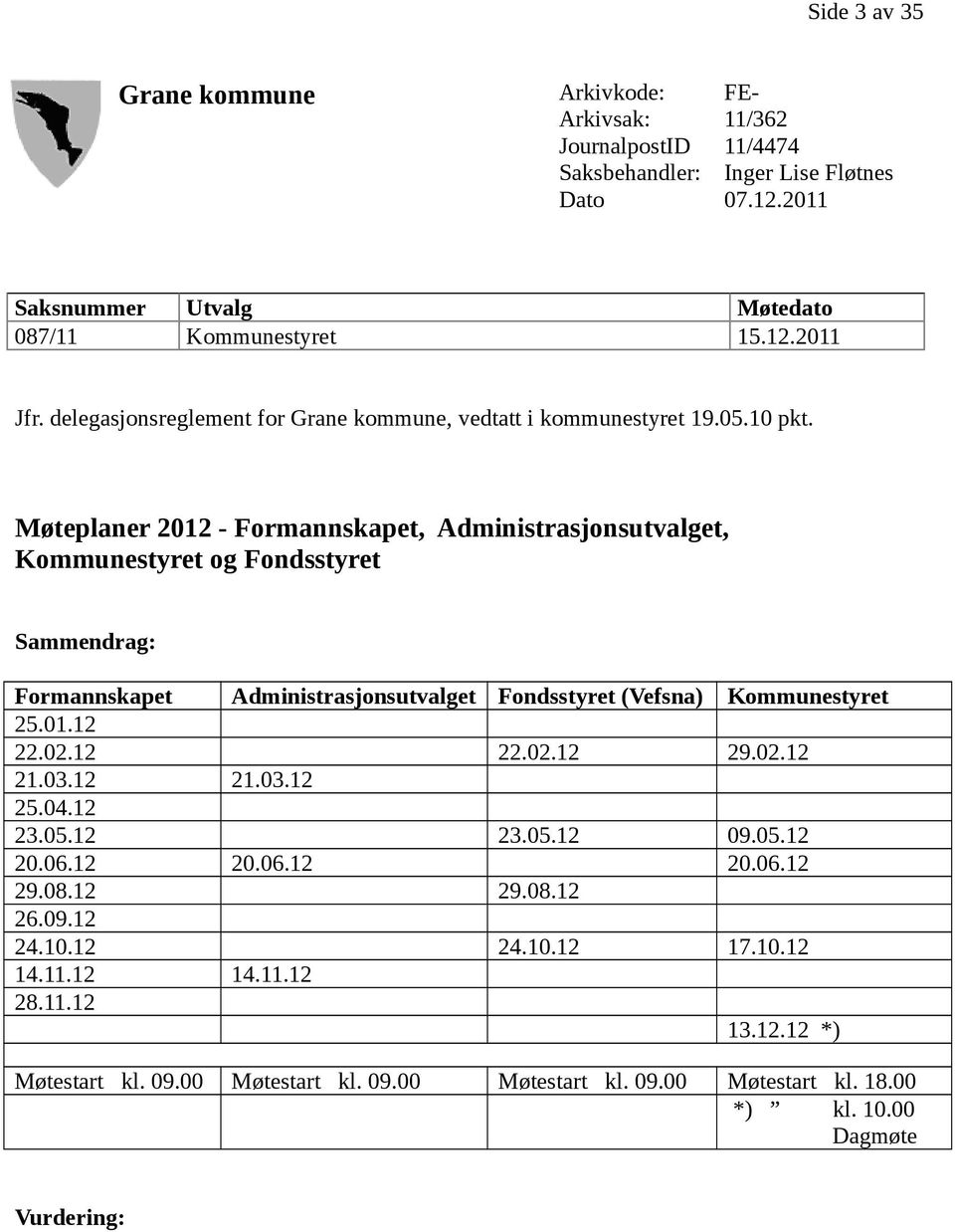 Møteplaner 2012 - Formannskapet, Administrasjonsutvalget, Kommunestyret og Fondsstyret Sammendrag: Formannskapet Administrasjonsutvalget Fondsstyret (Vefsna) Kommunestyret 25.01.12 22.02.