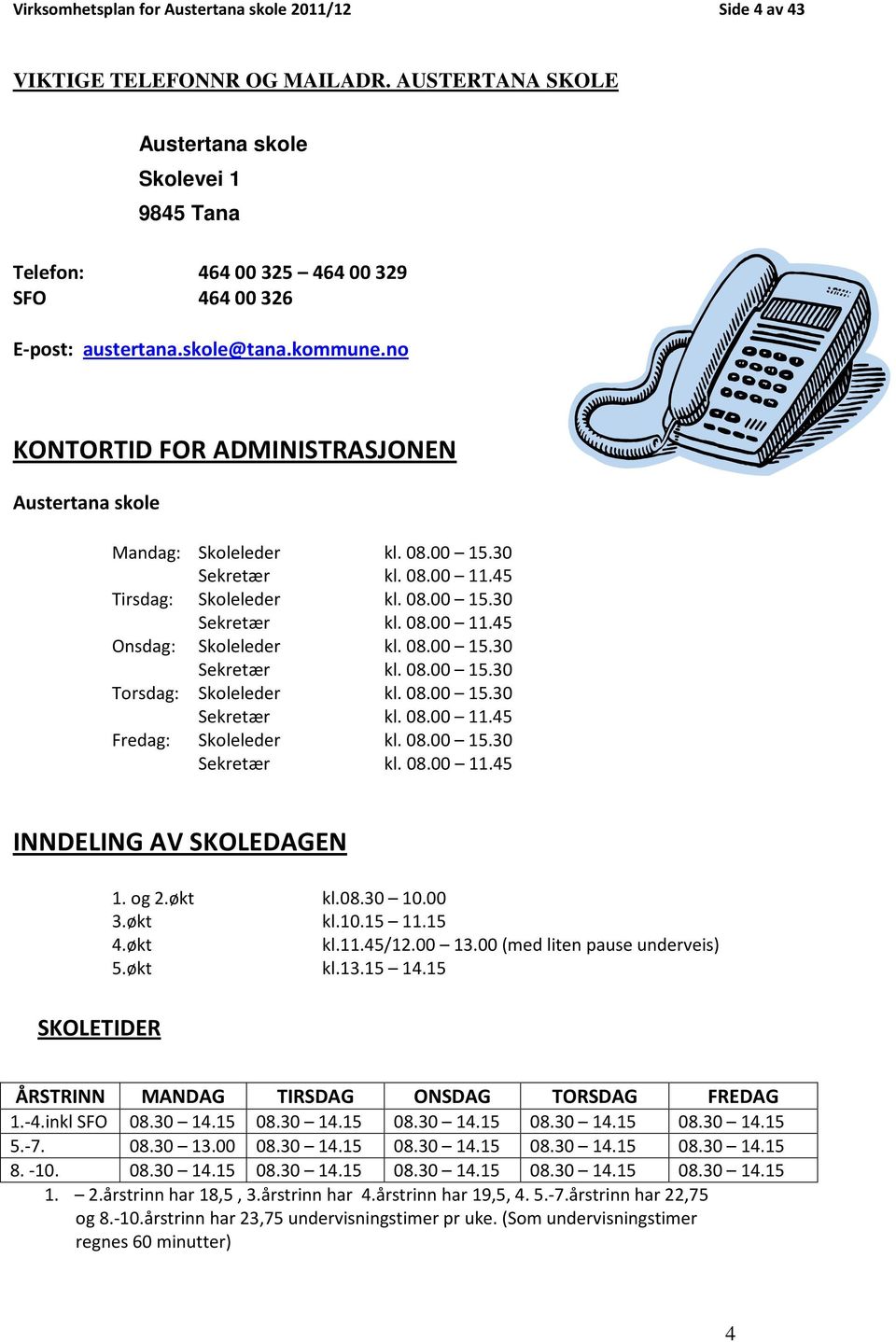 no KONTORTID FOR ADMINISTRASJONEN Austertana skole Mandag: Skoleleder kl. 08.00 15.30 Sekretær kl. 08.00 11.45 Tirsdag: Skoleleder kl. 08.00 15.30 Sekretær kl. 08.00 11.45 Onsdag: Skoleleder kl. 08.00 15.30 Sekretær kl. 08.00 15.30 Torsdag: Skoleleder kl.