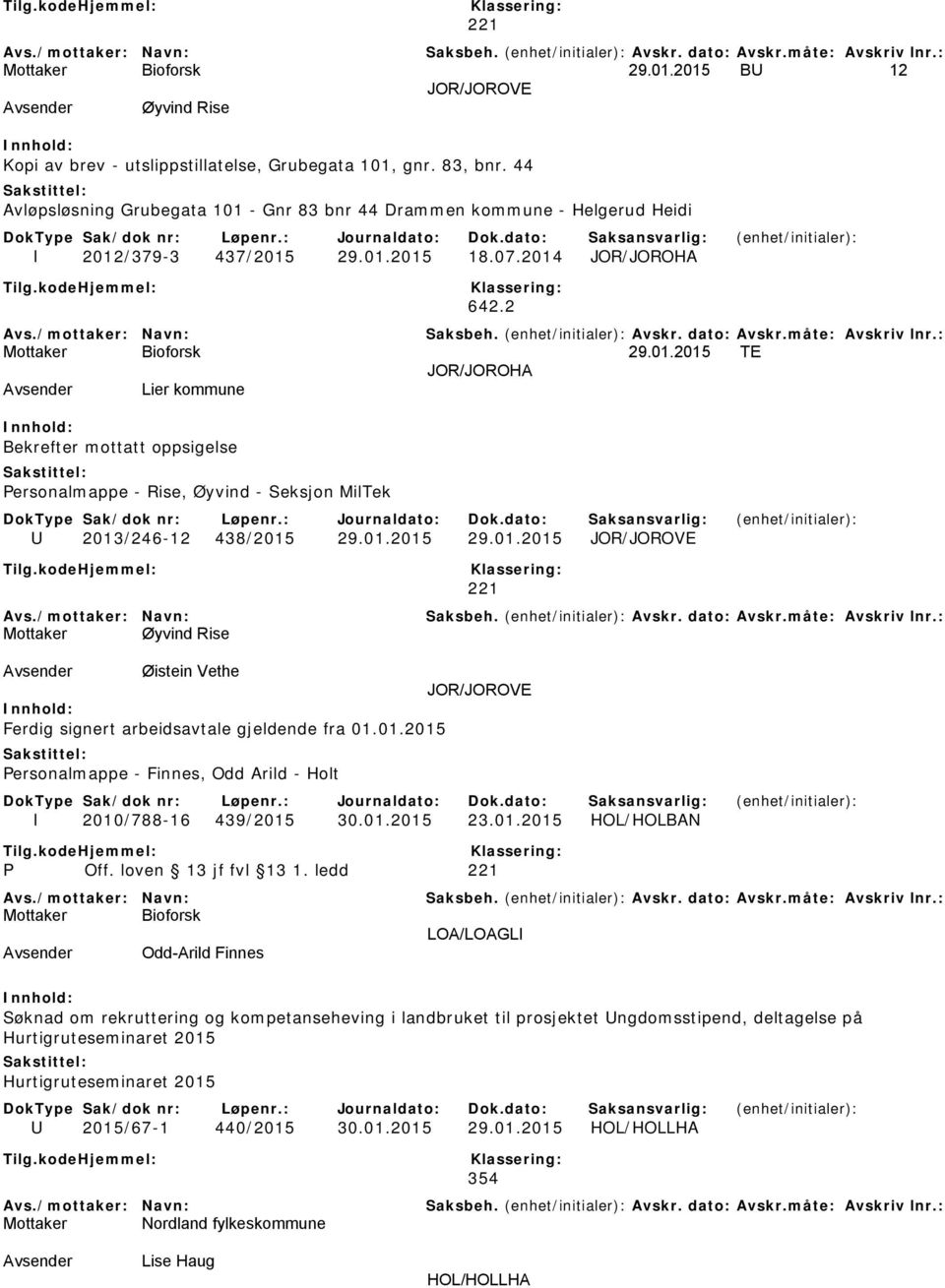 01.2015 29.01.2015 JOR/JOROVE 221 Mottaker Øyvind Rise Avsender Øistein Vethe JOR/JOROVE Ferdig signert arbeidsavtale gjeldende fra 01.01.2015 Personalmappe - Finnes, Odd Arild - Holt I 2010/788-16 439/2015 30.