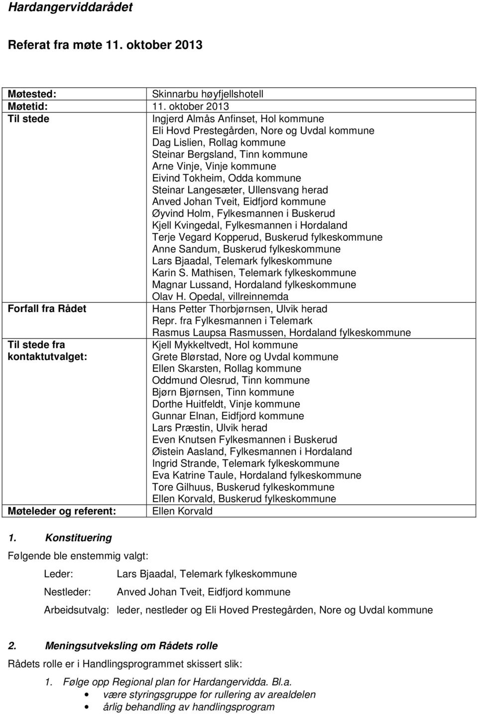 Tokheim, Odda kommune Steinar Langesæter, Ullensvang herad Anved Johan Tveit, Eidfjord kommune Øyvind Holm, Fylkesmannen i Buskerud Kjell Kvingedal, Fylkesmannen i Hordaland Terje Vegard Kopperud,