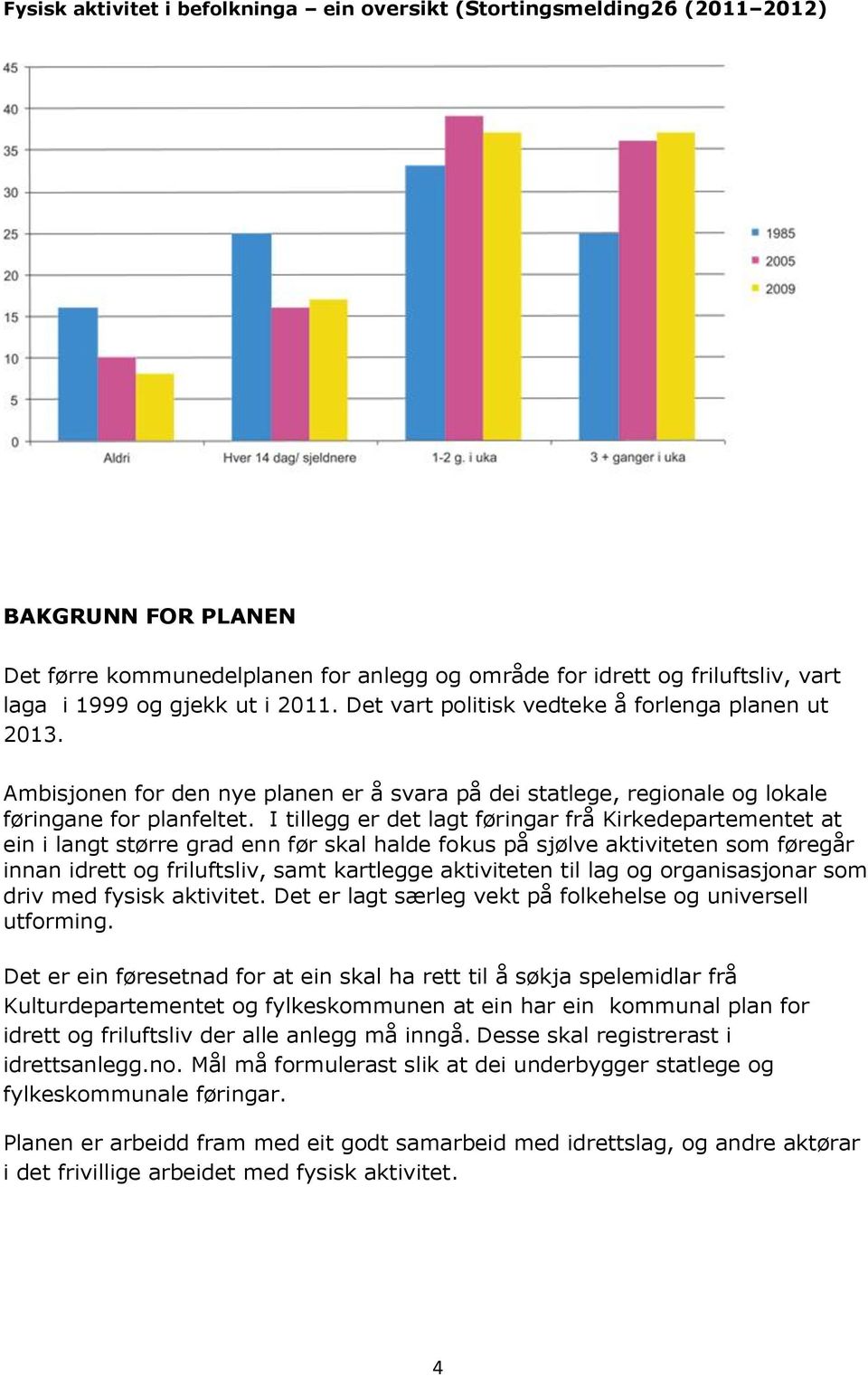 I tillegg er det lagt føringar frå Kirkedepartementet at ein i langt større grad enn før skal halde fokus på sjølve aktiviteten som føregår innan idrett og friluftsliv, samt kartlegge aktiviteten til