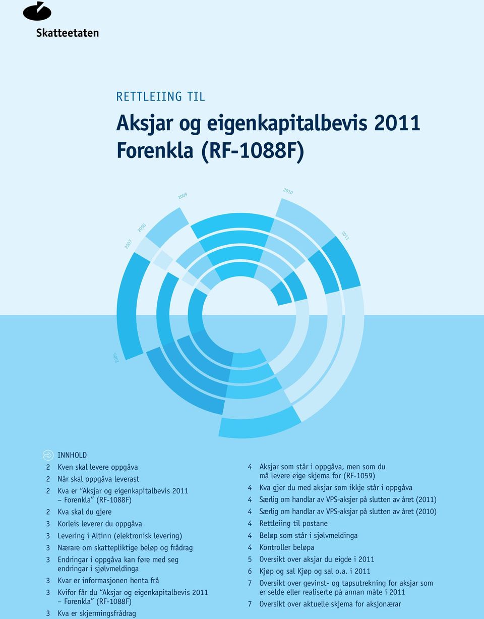 endringar i sjølvmeldinga 3 Kvar er informasjonen henta frå 3 Kvifor får du Aksjar og eigenkapitalbevis 2011 Forenkla (RF-1088F) 3 Kva er skjermingsfrådrag 4 Aksjar som står i oppgåva, men som du må