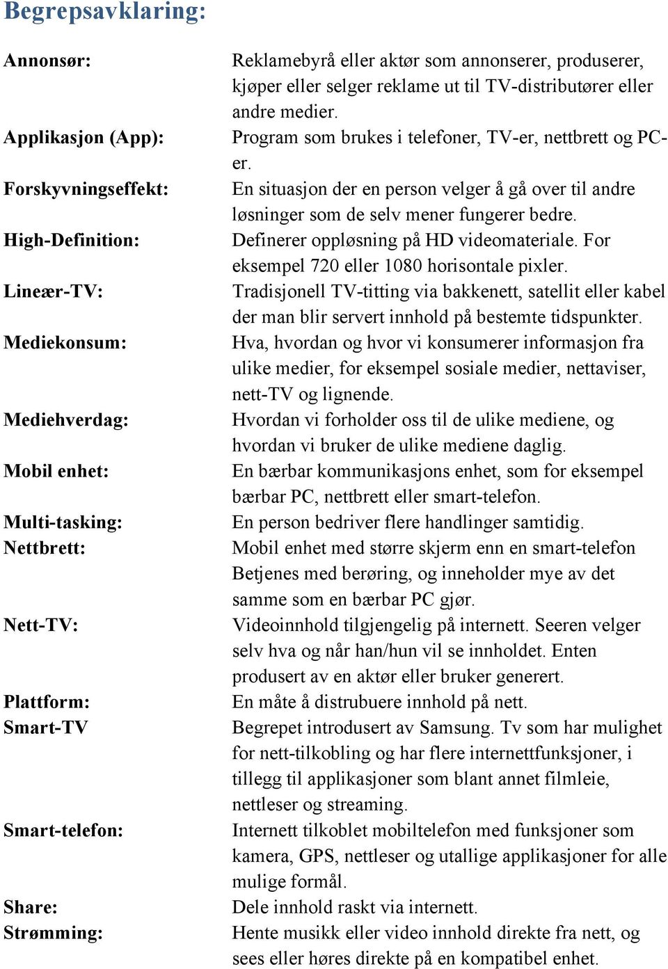 Program som brukes i telefoner, TV-er, nettbrett og PCer. En situasjon der en person velger å gå over til andre løsninger som de selv mener fungerer bedre. Definerer oppløsning på HD videomateriale.