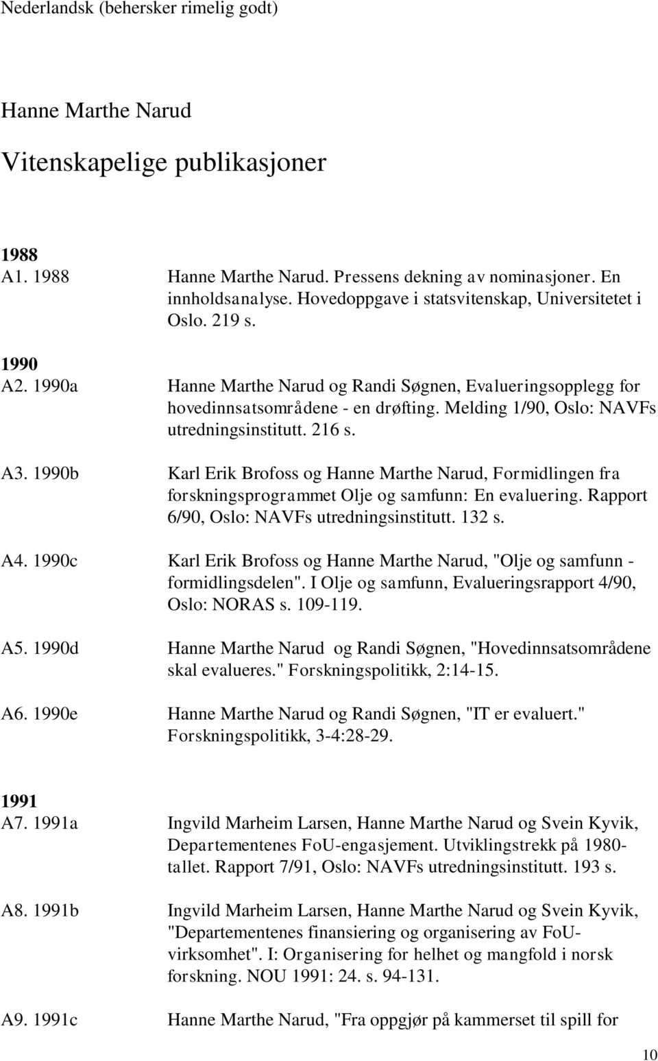 Melding 1/90, Oslo: NAVFs utredningsinstitutt. 216 s. A3. 1990b Karl Erik Brofoss og Hanne Marthe Narud, Formidlingen fra forskningsprogrammet Olje og samfunn: En evaluering.