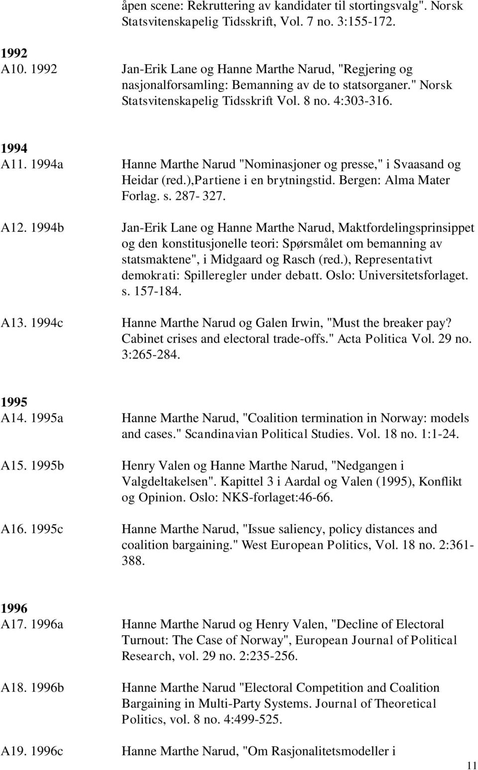 1994a Hanne Marthe Narud "Nominasjoner og presse," i Svaasand og Heidar (red.),partiene i en brytningstid. Bergen: Alma Mater Forlag. s. 287-327. A12.