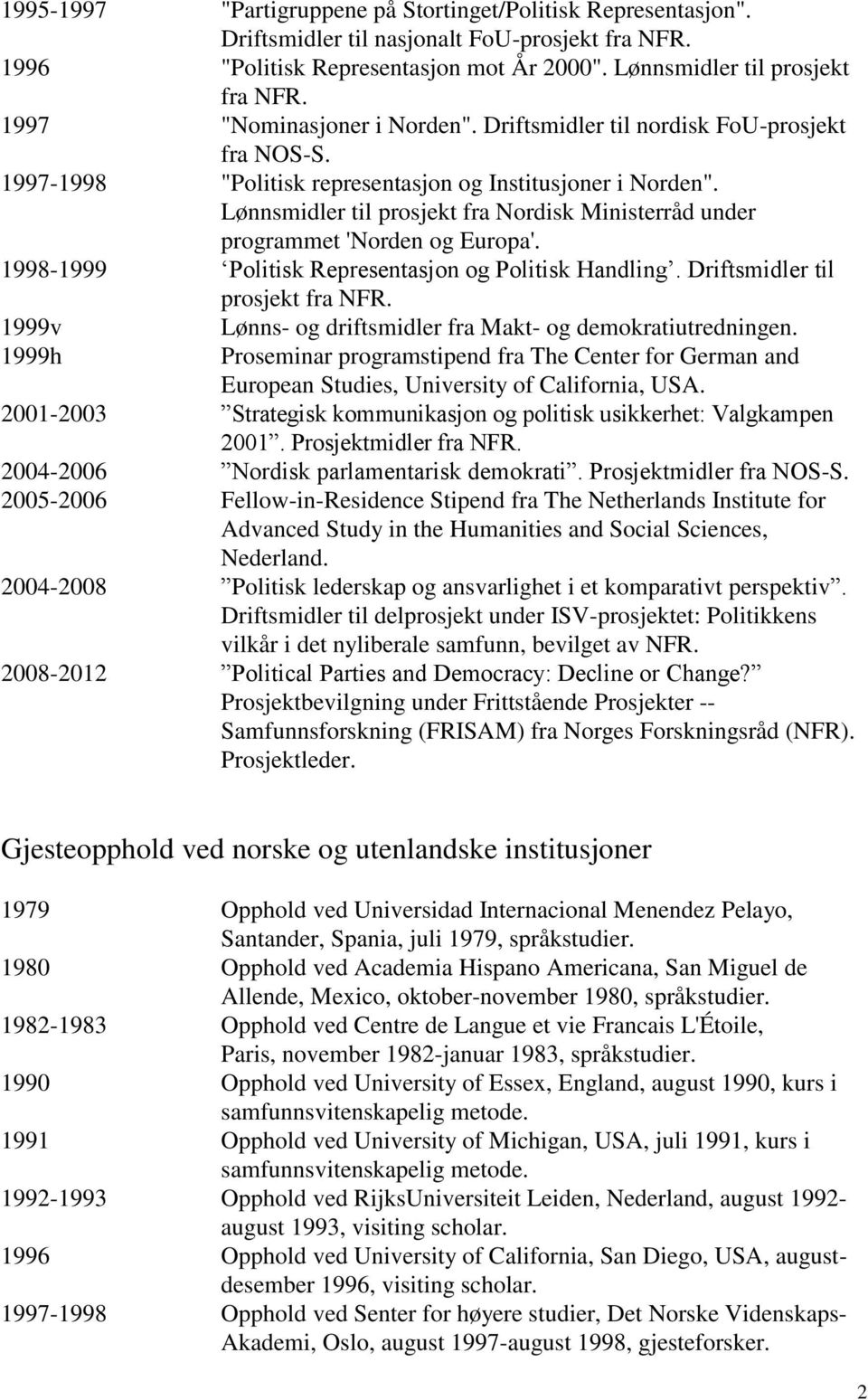 Lønnsmidler til prosjekt fra Nordisk Ministerråd under programmet 'Norden og Europa'. 1998-1999 Politisk Representasjon og Politisk Handling. Driftsmidler til prosjekt fra NFR.