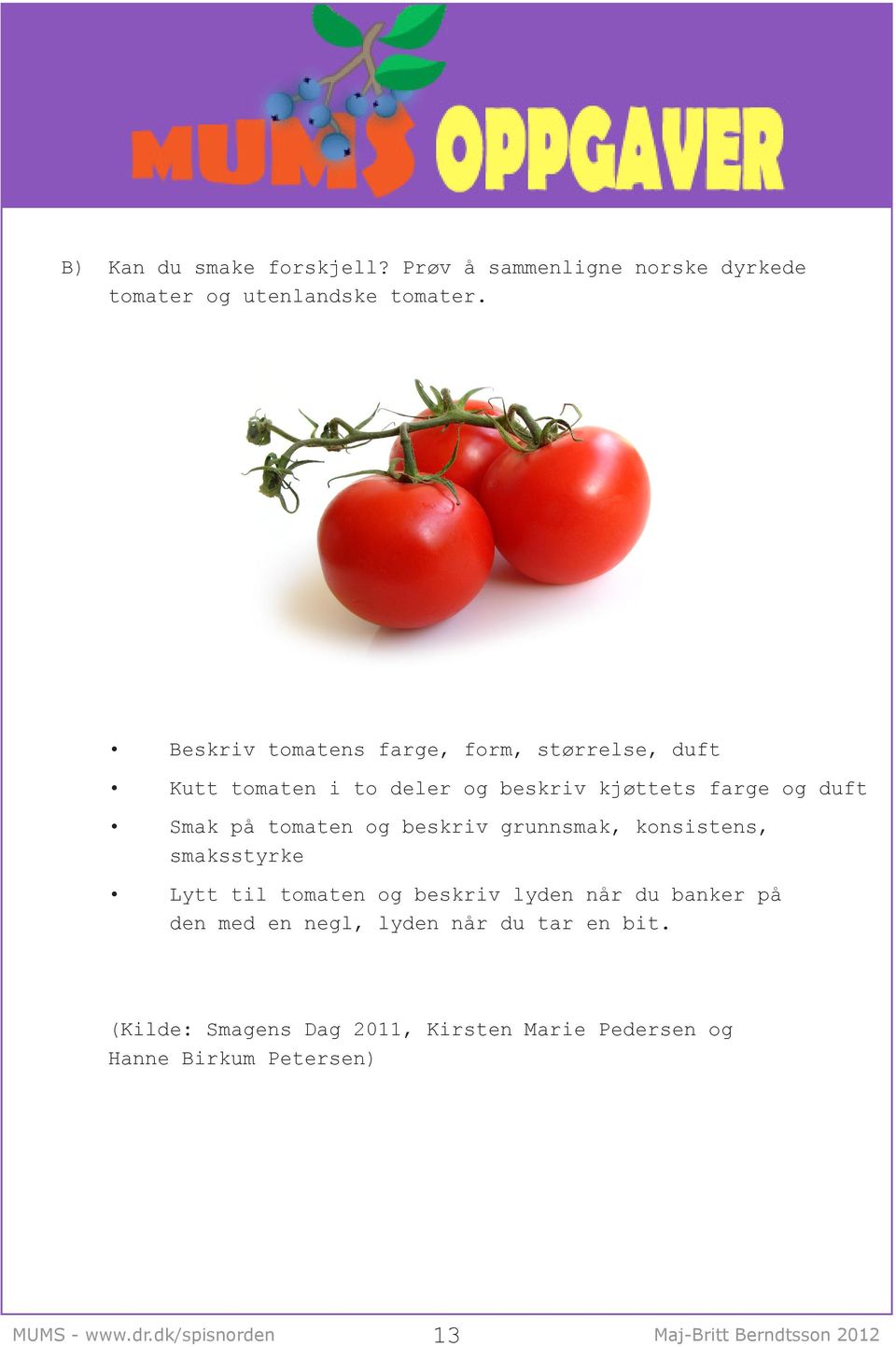 tomaten og beskriv grunnsmak, konsistens, smaksstyrke Lytt til tomaten og beskriv lyden når du banker på den med