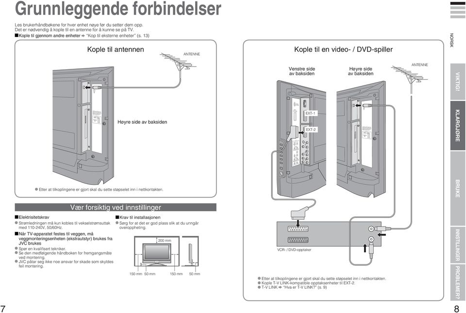 3) Kople til antennen ANTENNE Kople til en video- / DVD-spiller Høyre side av baksiden Etter at tilkoplingene er gjort skal du sette støpselet inn i nettkontakten.