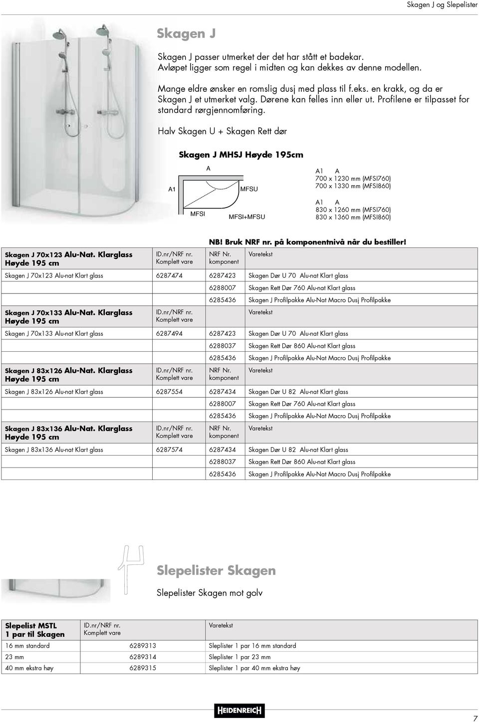 Halv Skagen U + Skagen Rett dør Skagen J MHSJ Høyde 195cm A1 A MFSU A1 A 700 x 1230 mm (MFSI760) 700 x 1330 mm (MFSI860) MFSI MFSI+MFSU A1 A 830 x 1260 mm (MFSI760) 830 x 1360 mm (MFSI860) Skagen J