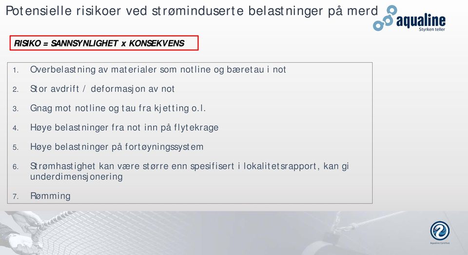 Gnag mot notline og tau fra kjetting o.l. 4. Høye belastninger fra not inn på flytekrage 5.