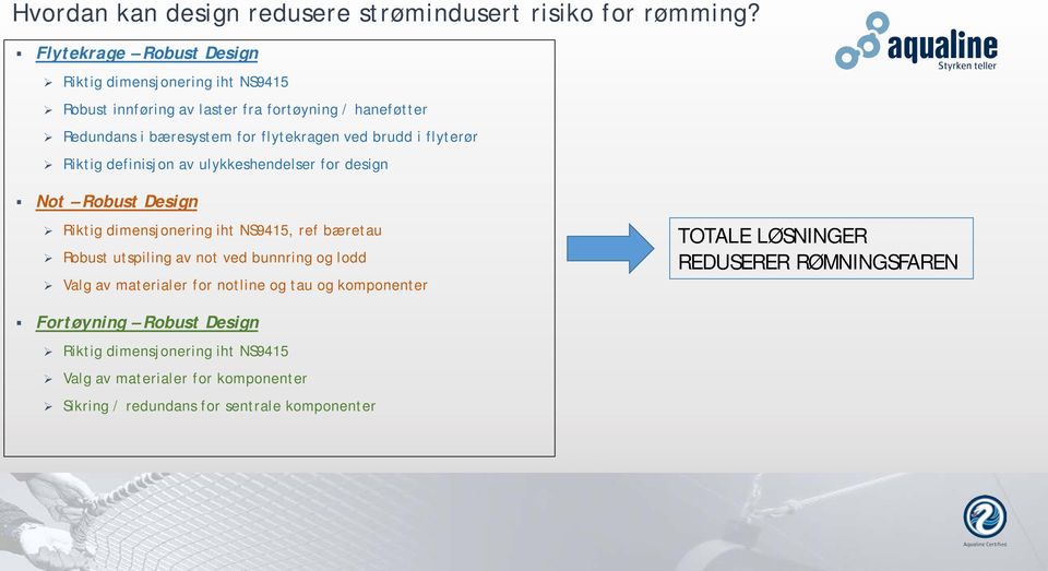 brudd i flyterør Riktig definisjon av ulykkeshendelser for design Not Robust Design Riktig dimensjonering iht NS9415, ref bæretau Robust utspiling av not