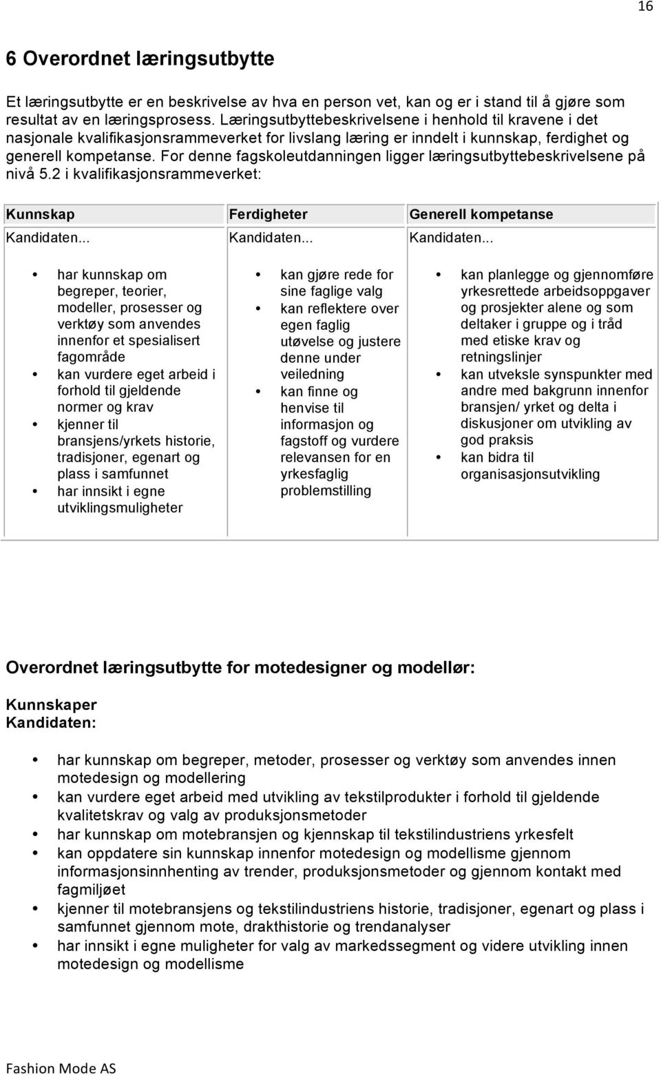 For denne fagskoleutdanningen ligger læringsutbyttebeskrivelsene på nivå 5.2 i kvalifikasjonsrammeverket: Kunnskap Ferdigheter Generell kompetanse Kandidaten.