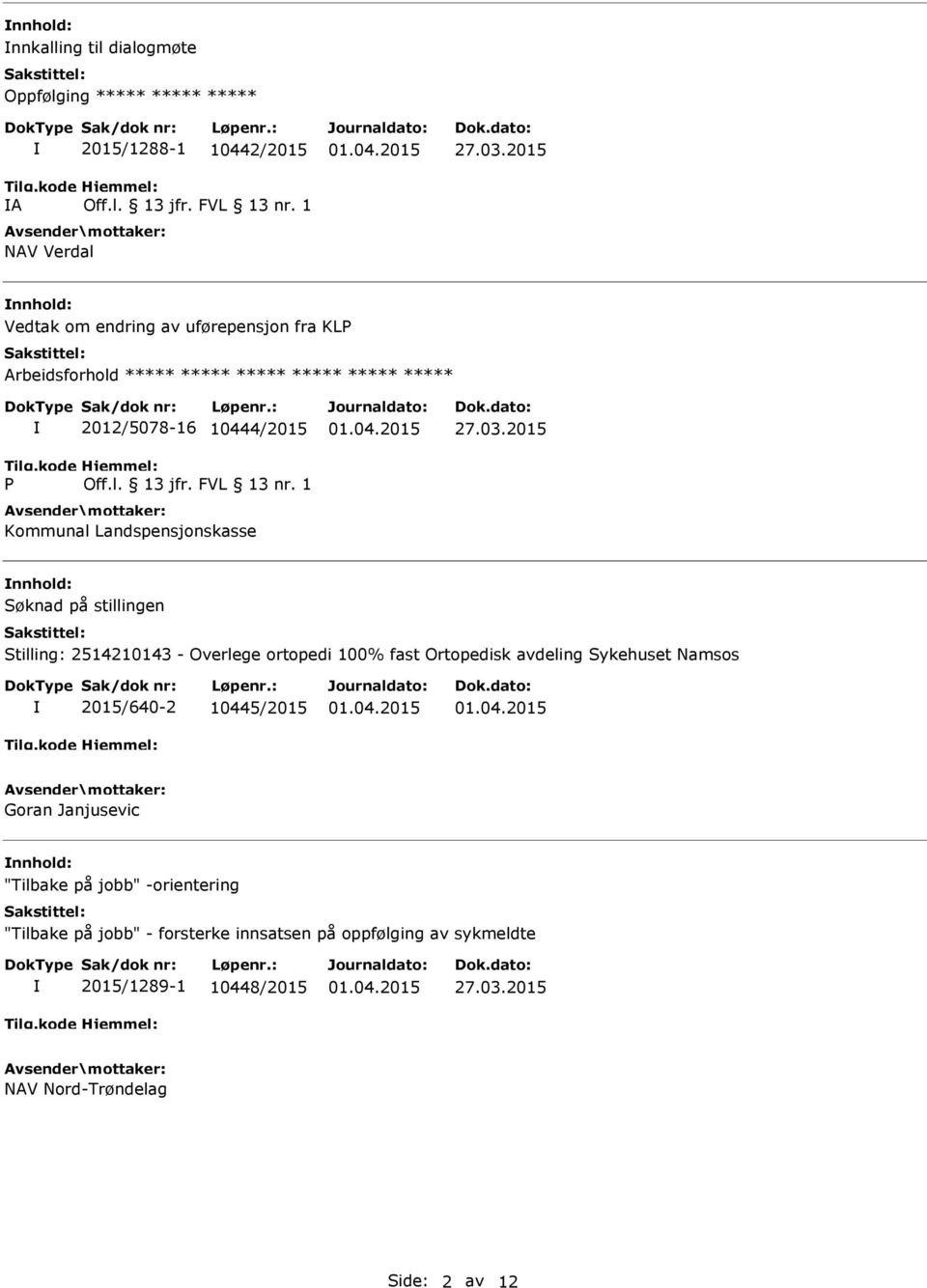 Stilling: 2514210143 - Overlege ortopedi 100% fast Ortopedisk avdeling Sykehuset Namsos 2015/640-2 10445/2015 Goran Janjusevic