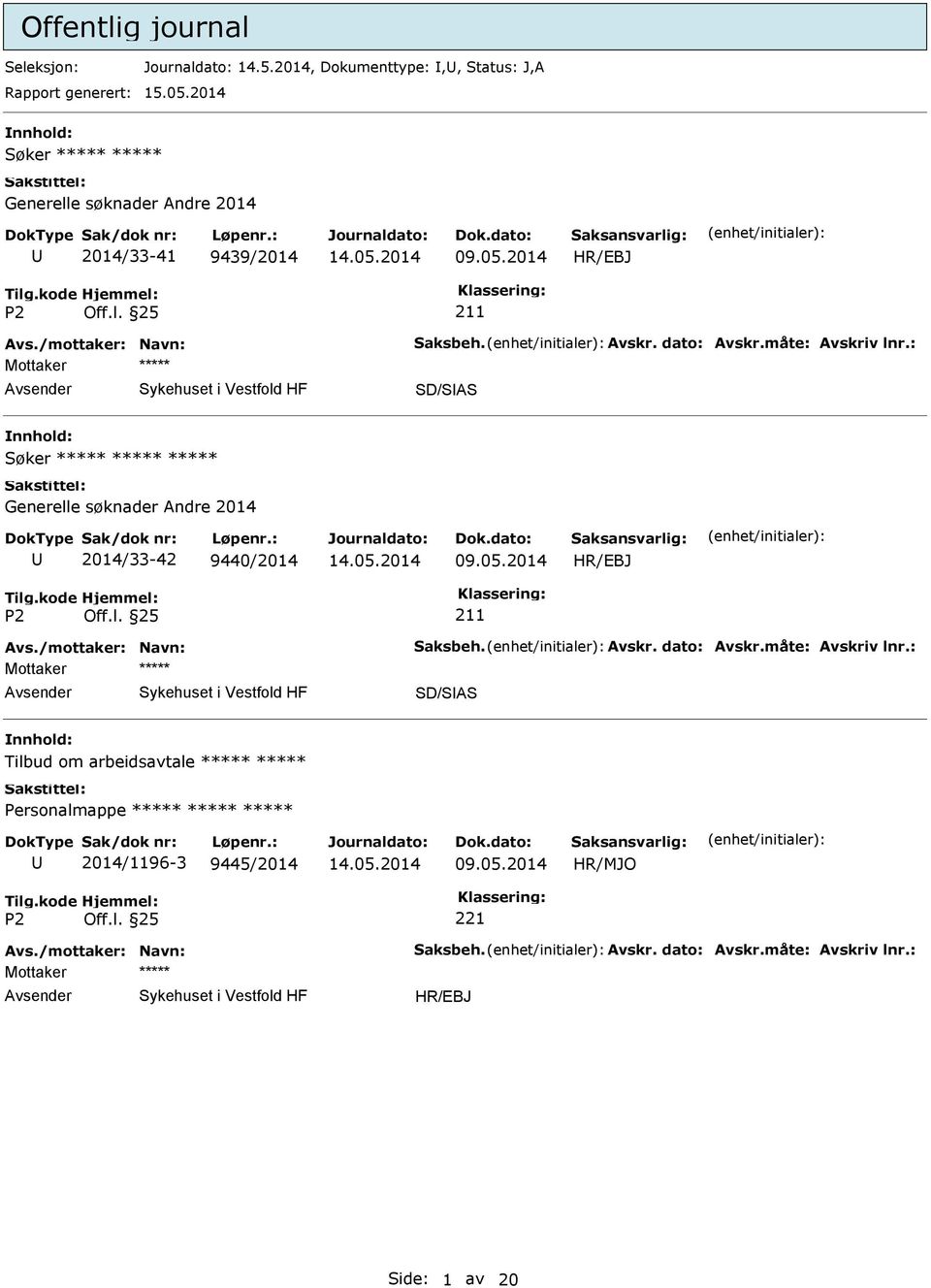 måte: Avskriv lnr.: Mottaker SD/SAS nnhold: Søker Generelle søknader Andre 2014 2014/33-42 9440/2014 211 Avs./mottaker: Navn: Saksbeh.