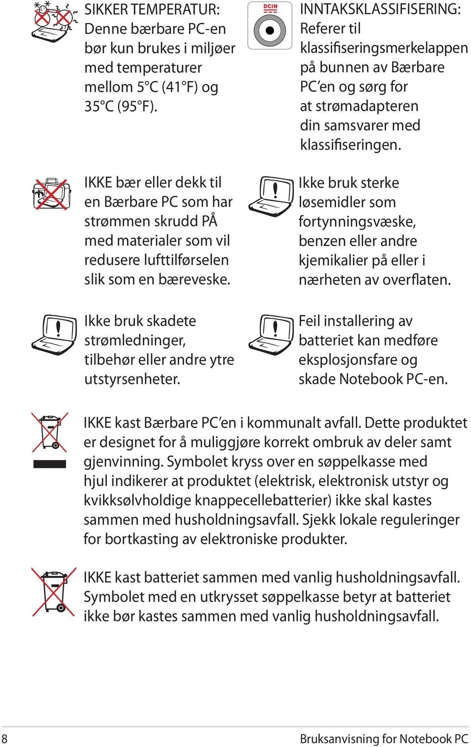 Ikke bruk skadete strømledninger, tilbehør eller andre ytre utstyrsenheter.