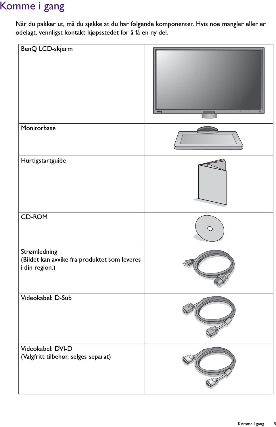 BenQ LCD-skjerm Monitorbase Hurtigstartguide CD-ROM Strømledning (Bildet kan avvike fra