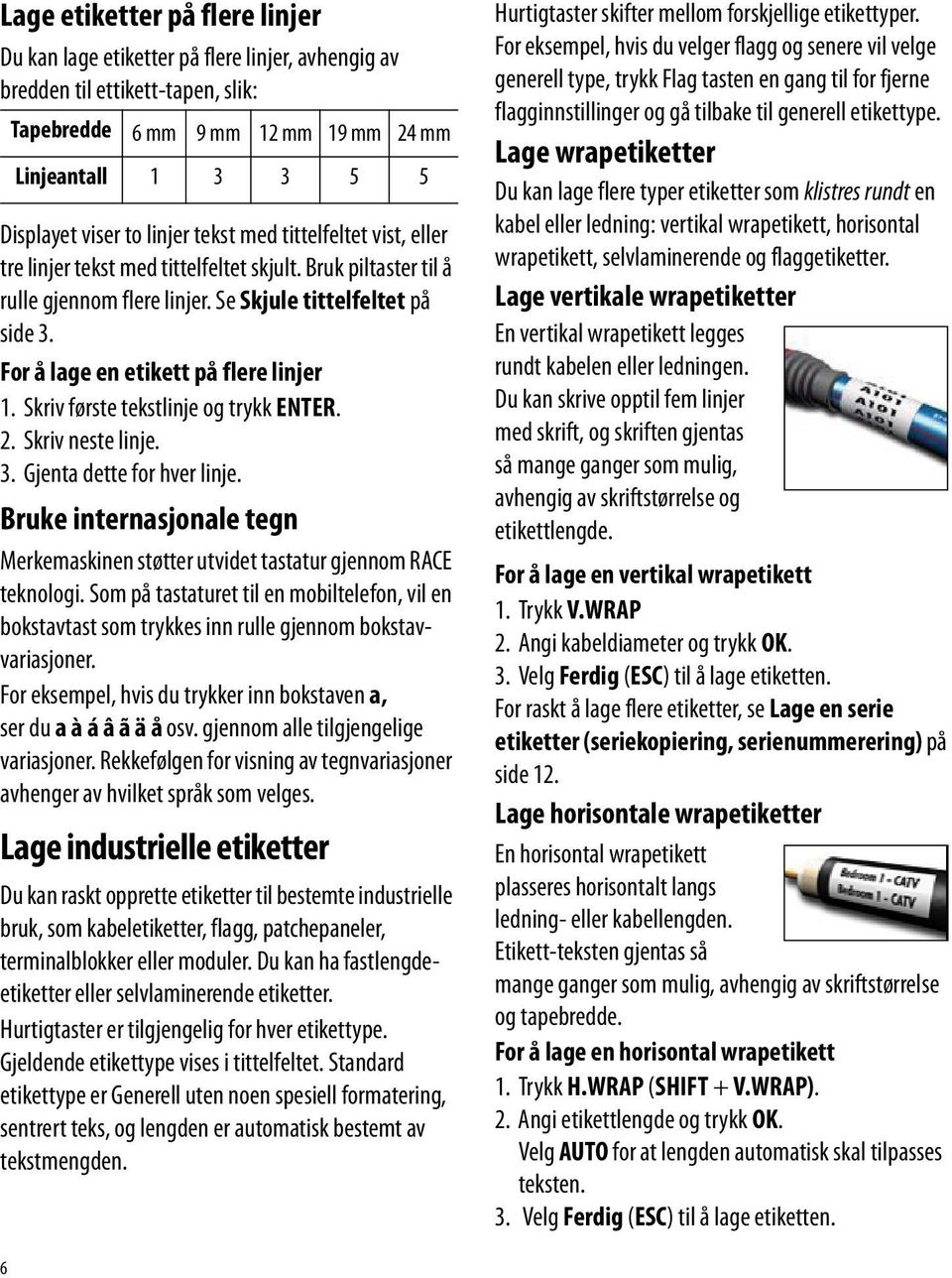 Skriv første tekstlinje og trykk ENTER. 2. Skriv neste linje. 3. Gjenta dette for hver linje. Bruke internasjonale tegn Merkemaskinen støtter utvidet tastatur gjennom RACE teknologi.