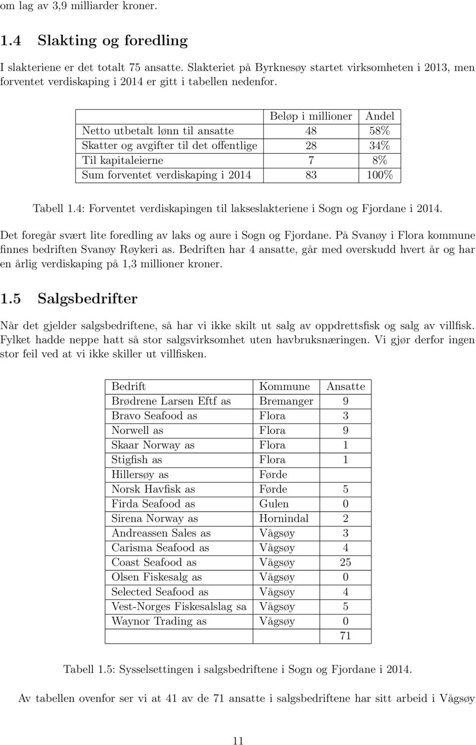 Beløp i millioner Andel Netto utbetalt lønn til ansatte 48 58% Skatter og avgifter til det offentlige 28 34% Til kapitaleierne 7 8% Sum forventet verdiskaping i 2014 83 100% Tabell 1.