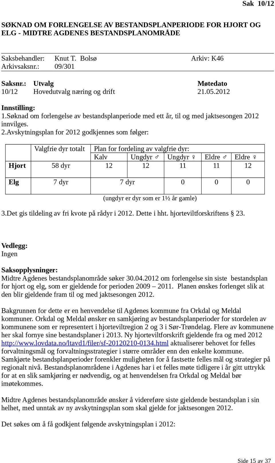 .05.2012 Innstilling: 1.Søknad om forlengelse av bestandsplanperiode med ett år, til og med jaktsesongen 20