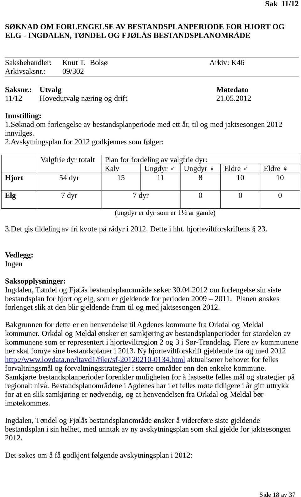 .05.2012 Innstilling: 1.Søknad om forlengelse av bestandsplanperiode med ett år, til og med jaktsesongen 20