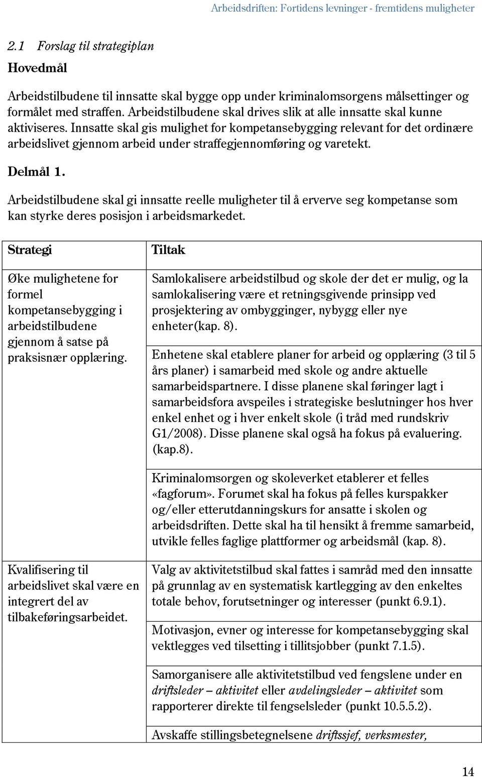 Innsatte skal gis mulighet for kompetansebygging relevant for det ordinære arbeidslivet gjennom arbeid under straffegjennomføring og varetekt. Delmål 1.