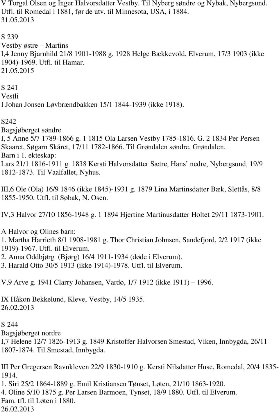 2015 S 241 Vestli I Johan Jonsen Løvbrændbakken 15/1 1844-1939 (ikke 1918). S242 Bagsjøberget søndre I, 5 Anne 5/7 1789-1866 g. 1 1815 Ola Larsen Vestby 1785-1816. G.