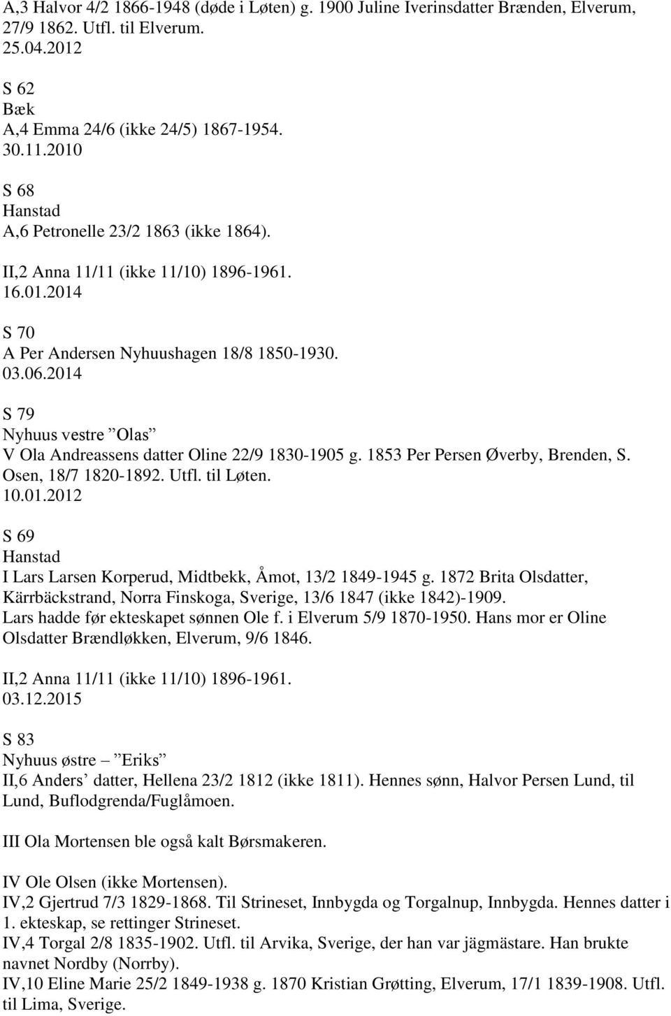 2014 S 79 Nyhuus vestre Olas V Ola Andreassens datter Oline 22/9 1830-1905 g. 1853 Per Persen Øverby, Brenden, S. Osen, 18/7 1820-1892. Utfl. til Løten. 10.01.2012 S 69 Hanstad I Lars Larsen Korperud, Midtbekk, Åmot, 13/2 1849-1945 g.