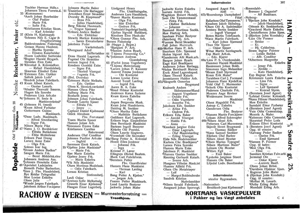 Stenkløv Elen Enke 39'Klevstad A. Klnialfrr. Rafael Handelsbetj. Skaaraas Elisabet Enke 41 'Estensen Edv. ptiker Saltvik Jakb Lds* Bredvik Jhan Fabrikarb. 43 Kvam Albert Kaiarb. Gustav Løsarb.