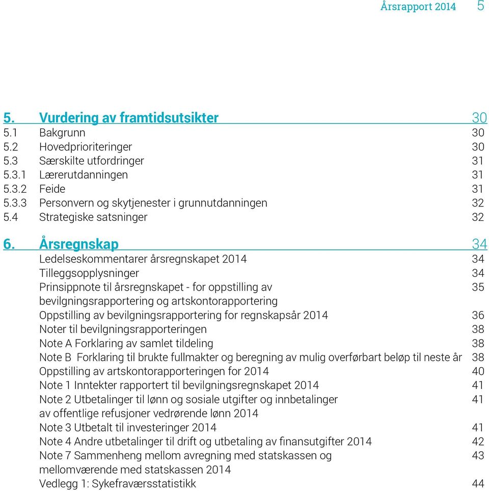 Årsregnskap 34 Ledelseskommentarer årsregnskapet 2014 34 Tilleggsopplysninger 34 Prinsippnote til årsregnskapet - for oppstilling av 35 bevilgningsrapportering og artskontorapportering Oppstilling av