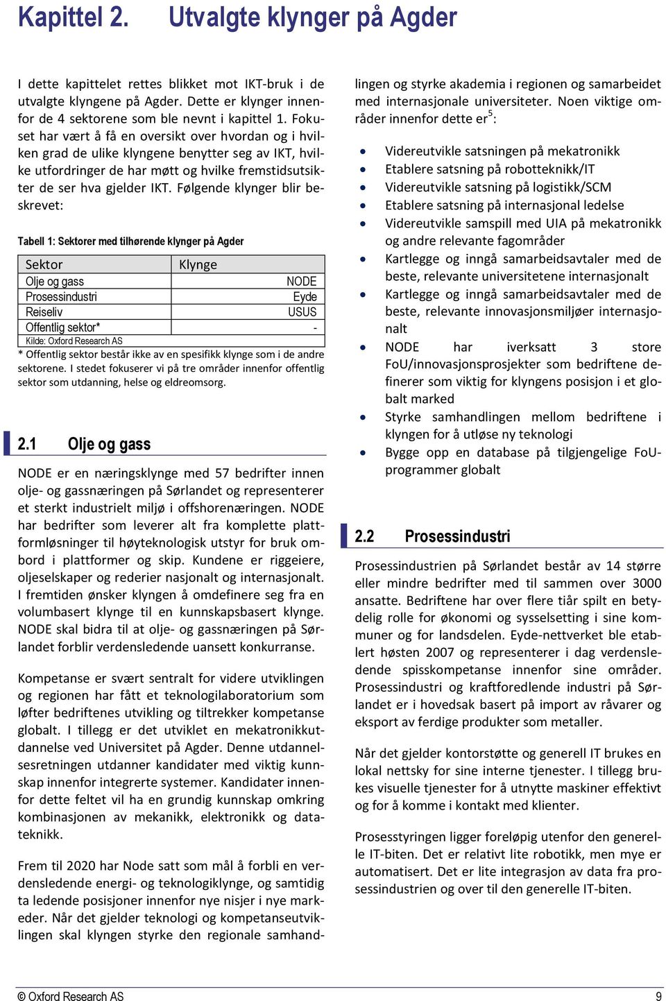 Følgende klynger blir beskrevet: Tabell 1: Sektorer med tilhørende klynger på Agder Sektor Klynge Olje og gass NODE Prosessindustri Eyde Reiseliv USUS Offentlig sektor* - Kilde: Oxford Research AS *