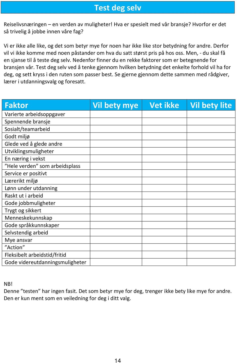 Men, - du skal få en sjanse til å teste deg selv. Nedenfor finner du en rekke faktorer som er betegnende for bransjen vår.