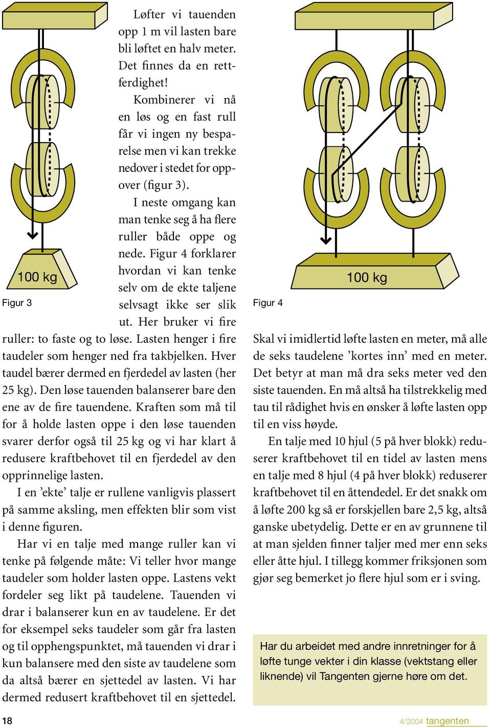 Figur 4 forklarer hvordan vi kan tenke selv om de ekte taljene selvsagt ikke ser slik ut. Her bruker vi fire ruller: to faste og to løse. Lasten henger i fire taudeler som henger ned fra takbjelken.