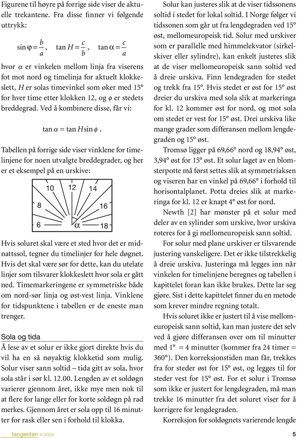 øker med 15 for hver time etter klokken 12, og f er stedets breddegrad. Ved å kombinere disse, får vi: tan a = tan H sin f.