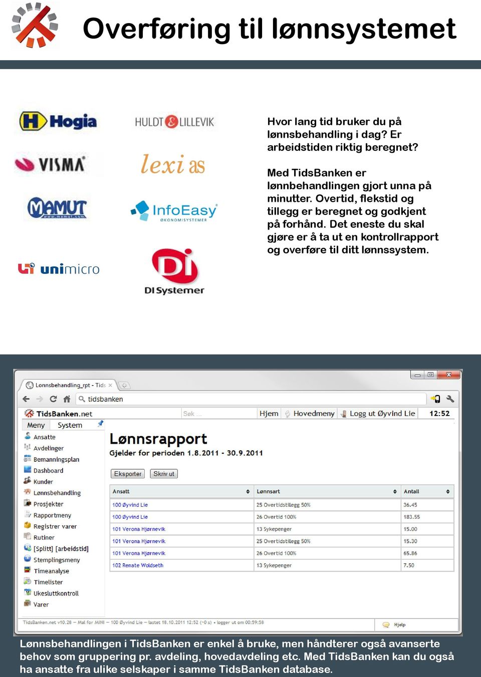 Det eneste du skal gjøre er å ta ut en kontrollrapport og overføre til ditt lønnssystem.