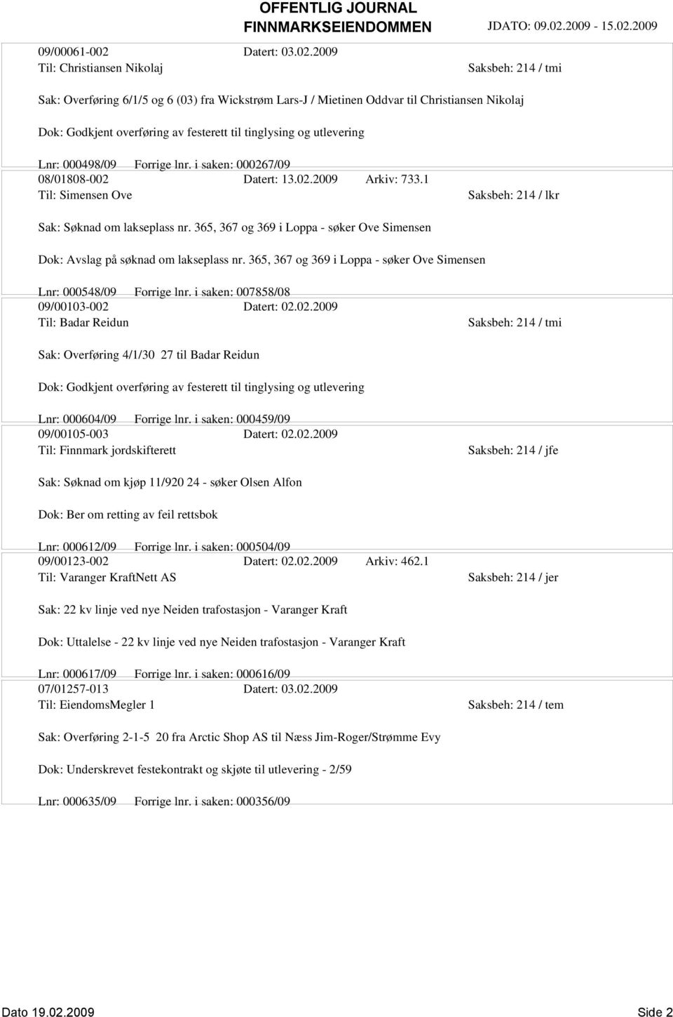 2009 Til: Christiansen Nikolaj Saksbeh: 214 / tmi Sak: Overføring 6/1/5 og 6 (03) fra Wickstrøm Lars-J / Mietinen Oddvar til Christiansen Nikolaj Dok: Godkjent overføring av festerett til tinglysing