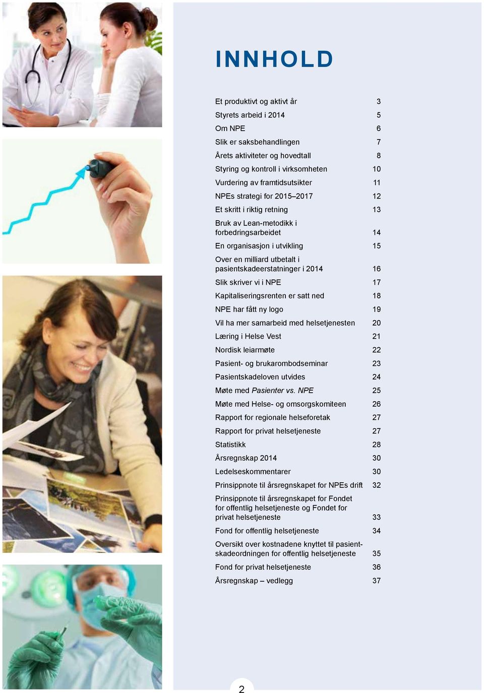 2014 16 Slik skriver vi i NPE 17 Kapitaliseringsrenten er satt ned 18 NPE har fått ny logo 19 Vil ha mer samarbeid med helsetjenesten 20 Læring i Helse Vest 21 Nordisk leiarmøte 22 Pasient- og