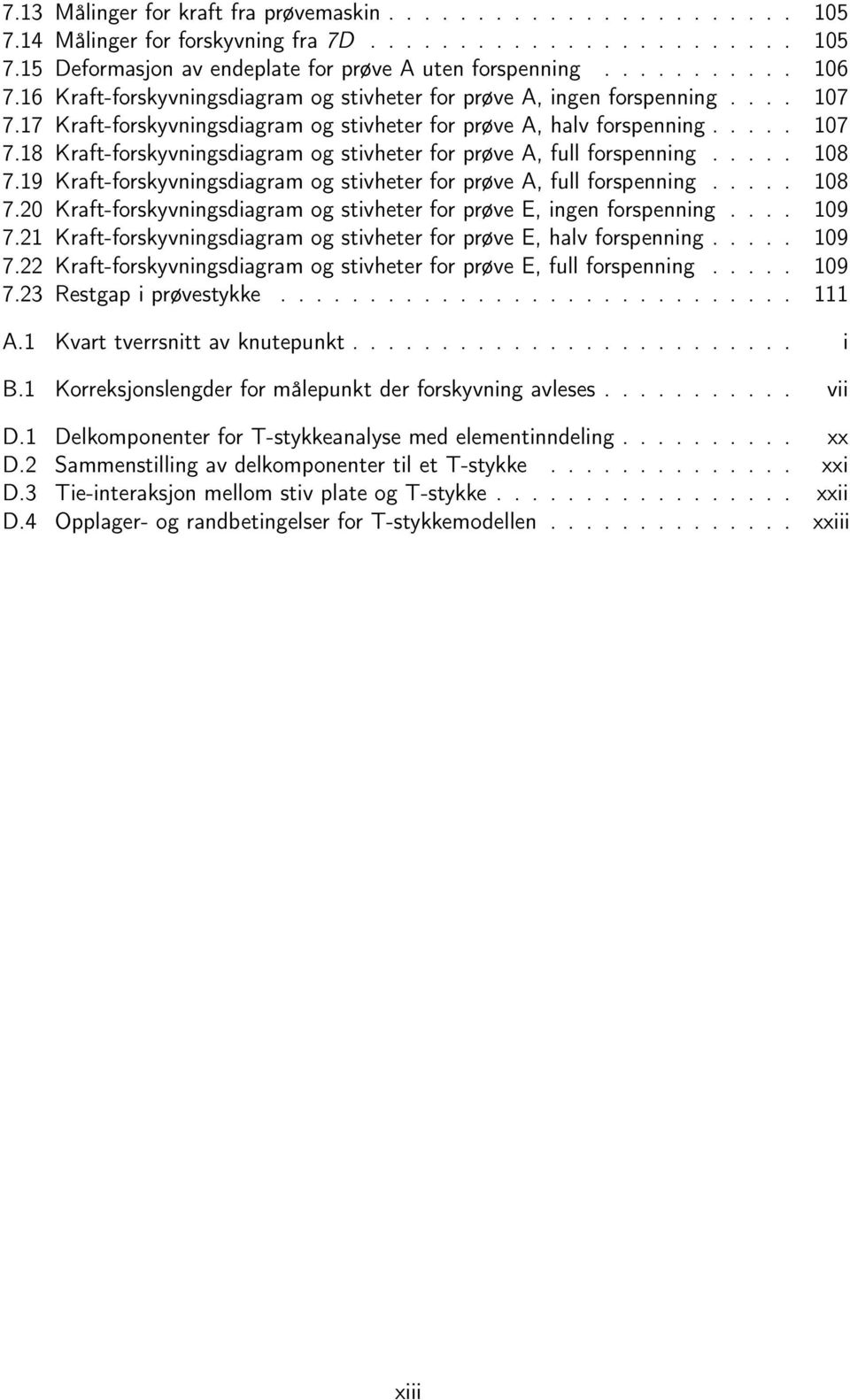 .... 108 7.19 Kraft-forskyvningsdiagram og stivheter for prøve A, full forspenning..... 108 7.20 Kraft-forskyvningsdiagram og stivheter for prøve E, ingen forspenning.... 109 7.