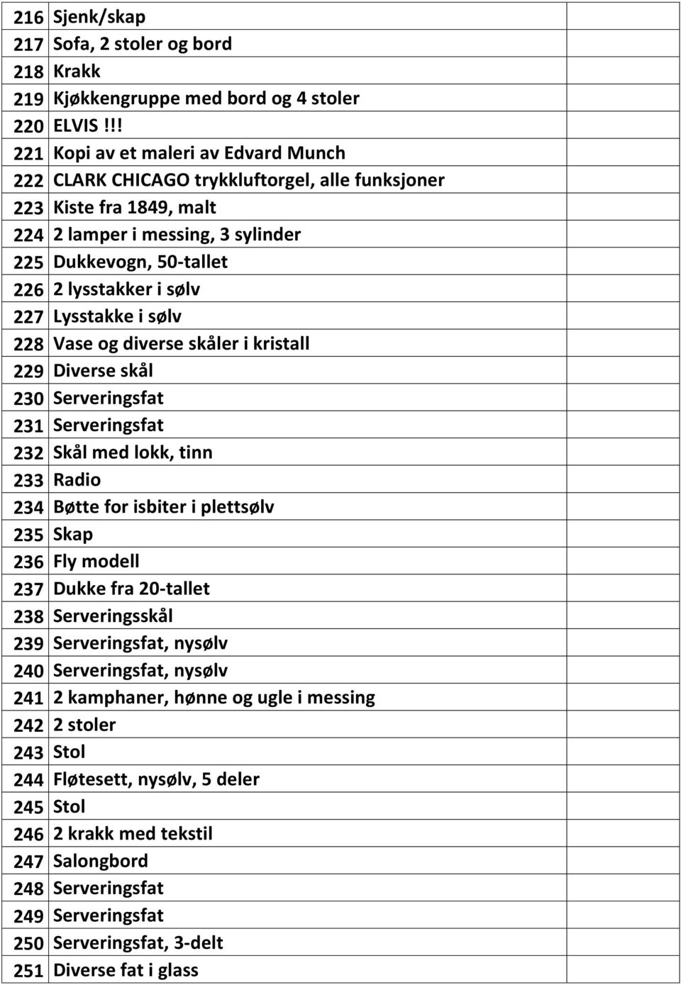 227 Lysstakke i sølv 228 Vase og diverse skåler i kristall 229 Diverse skål 230 Serveringsfat 231 Serveringsfat 232 Skål med lokk, tinn 233 Radio 234 Bøtte for isbiter i plettsølv 235 Skap 236 Fly